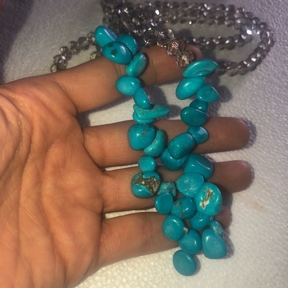 NATURAL Turquoise & Irridescent Facetted Crystal Beaded Lariat Bolo Necklace 40” - Picture 4 of 7